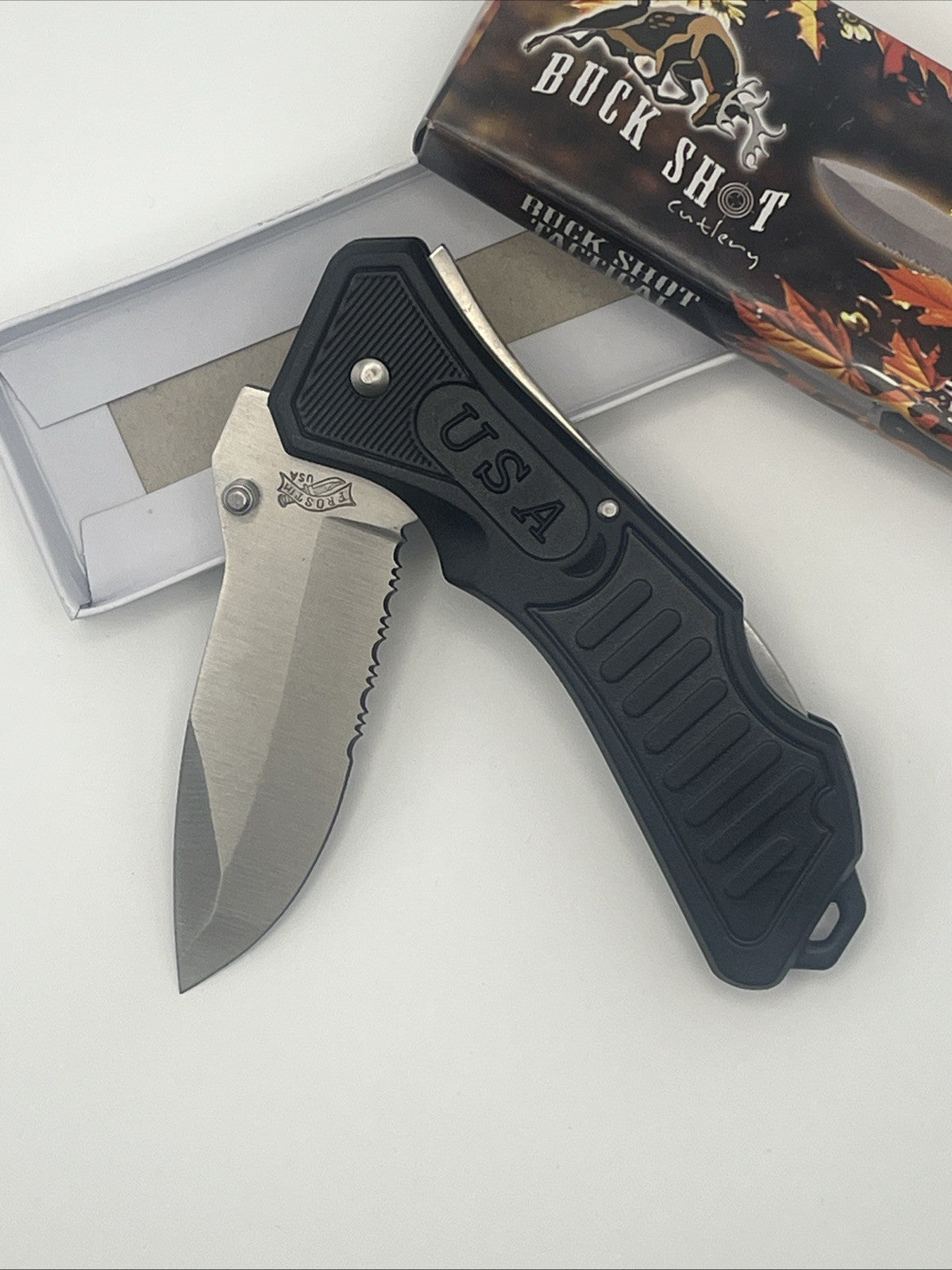 Buck Shot Cutlery Tactical Mustang Trapper Folding Knife New in Box #18-285B
