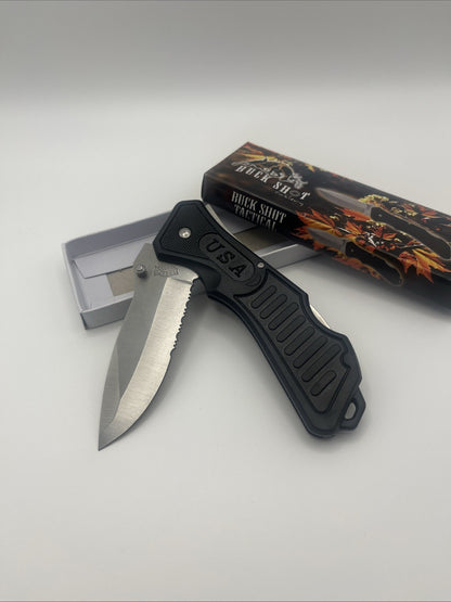Buck Shot Cutlery Tactical Mustang Trapper Folding Knife New in Box #18-285B